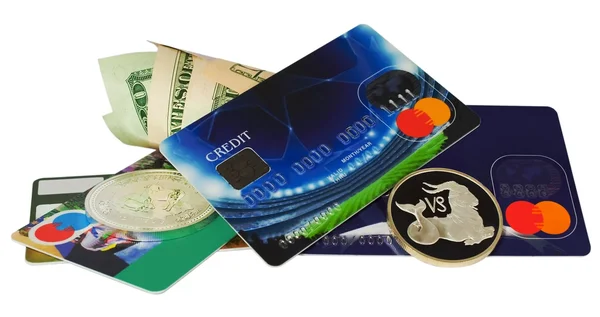 Cartes de crédit, pièces, billets isolés sur blanc — Photo