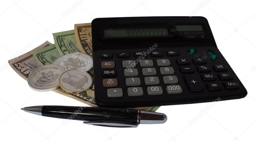 Calculator, pen, coins and cash on a white background