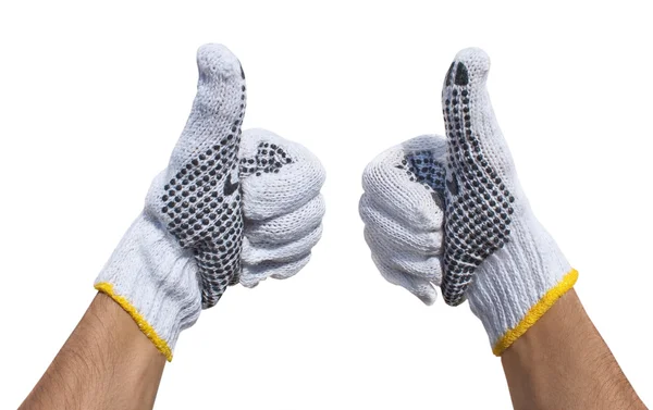 Ruce z látky, kterou izolované ochranné rukavice, ukazující ok — Stock fotografie