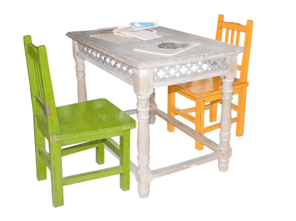 Nice children colorful furniture: table and two different chairs — Stock Photo, Image