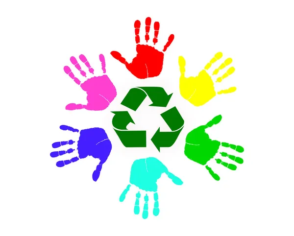 Różne kolorowe rąk do pracy do recyklingu razem — Wektor stockowy
