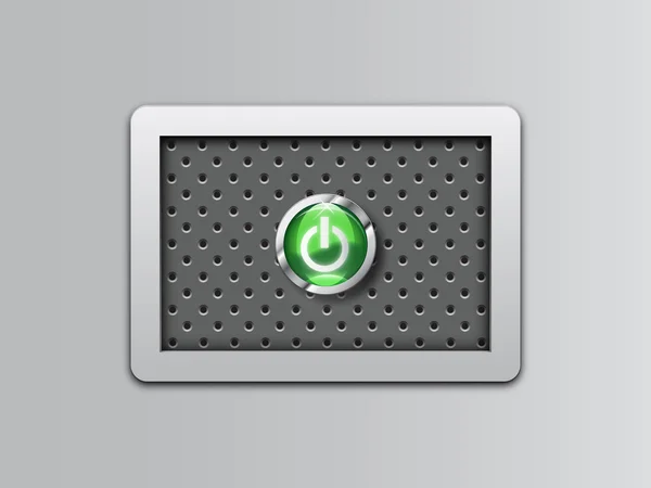 金属の背景に緑色の電源ボタン — ストックベクタ