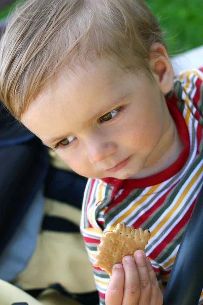 Gyalogos fiú eszik keksz — Stock Fotó