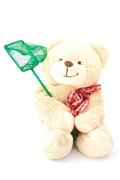 Teddy bear with fishing net — Stock Photo, Image