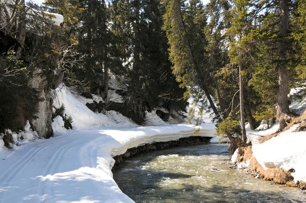 Pista de esquí a lo largo del río — Foto de Stock