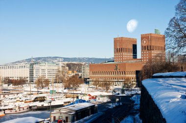City hall in Oslo with moon clipart