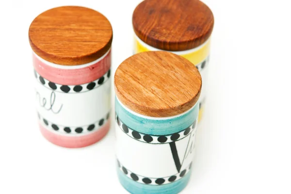 Spice containers in wood — Stock Photo, Image