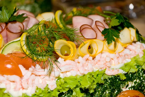 stock image Swedish cake with shrimps and ham (smorgastarta)