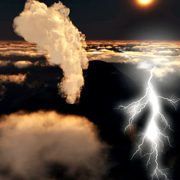 Vulkanische uitbarsting met enorme lightning — Stockfoto