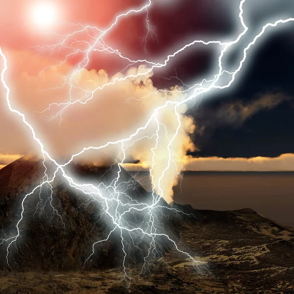 Извержение вулкана с большим количеством молний — стоковое фото