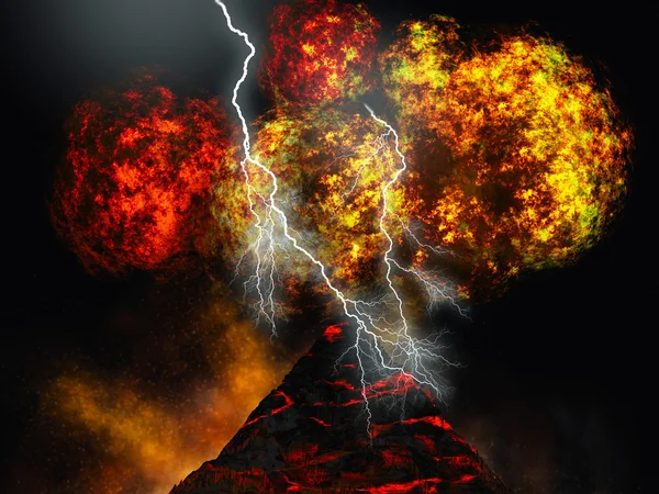 Vulkanische uitbarsting met enorme lightning — Stockfoto