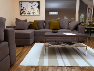 Modern bright living room with sofa clipart