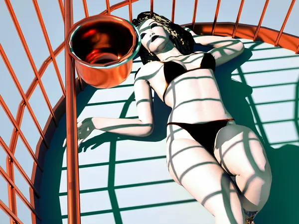 Mulher deitada em uma gaiola dourada — Fotografia de Stock