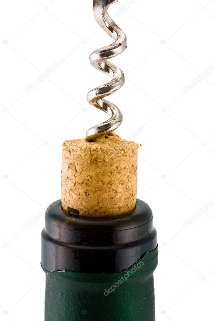Corkscrew inserted into a wine fuse in a bottle