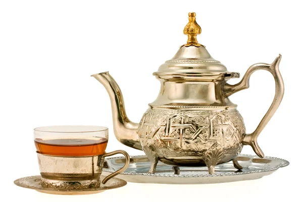 Ancient silver teapot and cup to tea — Stock Photo, Image