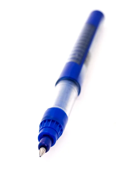 Blauwe glanzende pen uitgedrukt op witte achtergrond — Stockfoto