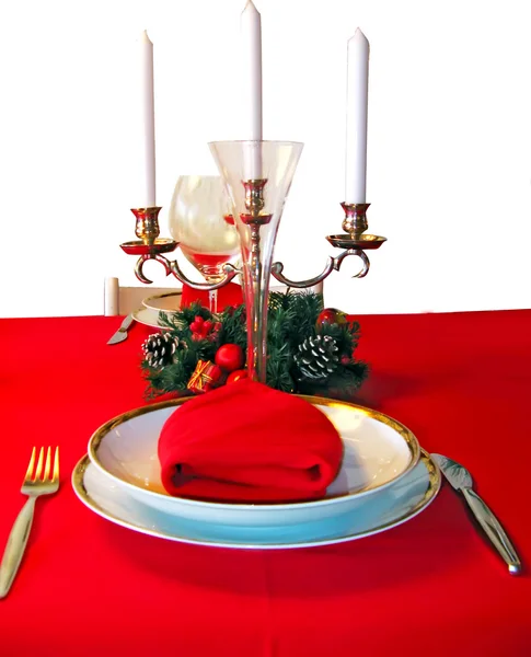 Kerst tabel in het rood met typische decoratie — Stockfoto