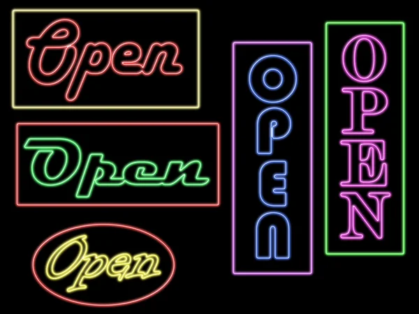 Diversi segni al neon aperti — Foto Stock