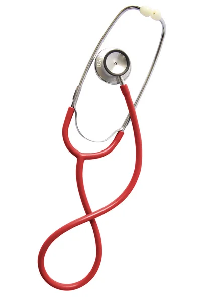 Ein rotes medizinisches Stethoskop isoliert auf weißem Hintergrund — Stockfoto