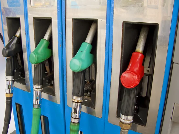 stock image Four petrol pumps, close up