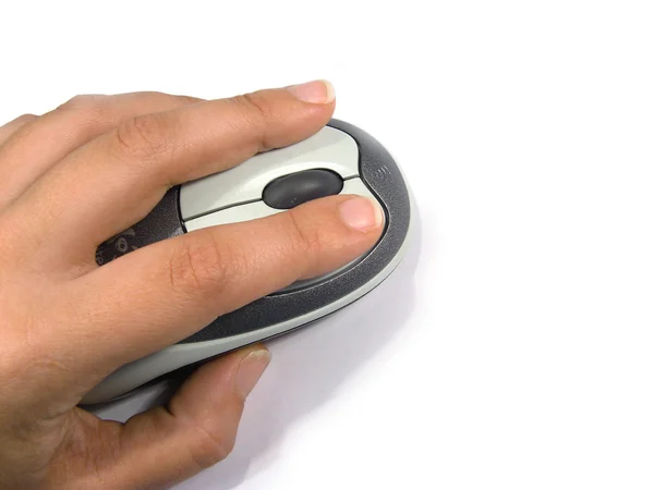 Mão humana fazendo um clique do mouse, isolado em branco — Fotografia de Stock