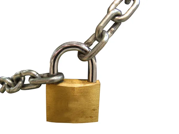 Nyckellås låst med en kedja, urklippsbana Royaltyfria Stockfoton