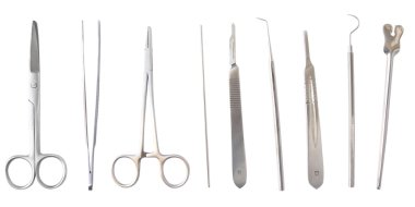 Diverse medical and surgery instruments isolated in white clipart