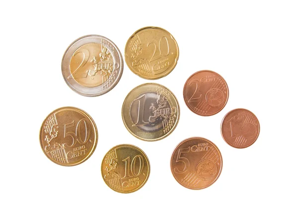 Diferentes moedas e centavos de euro isolados a branco — Fotografia de Stock