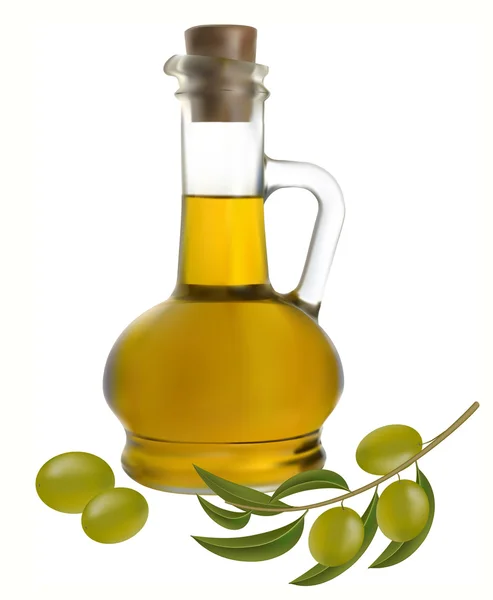 Пляшка оливкової олії з оливками — стоковий вектор
