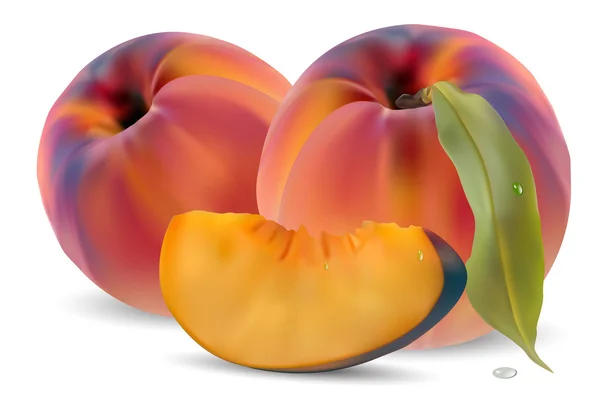 Персики с листьями и ломтиками — стоковый вектор