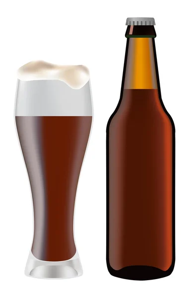 Cerveja em vidro e garrafa escura de cerveja —  Vetores de Stock