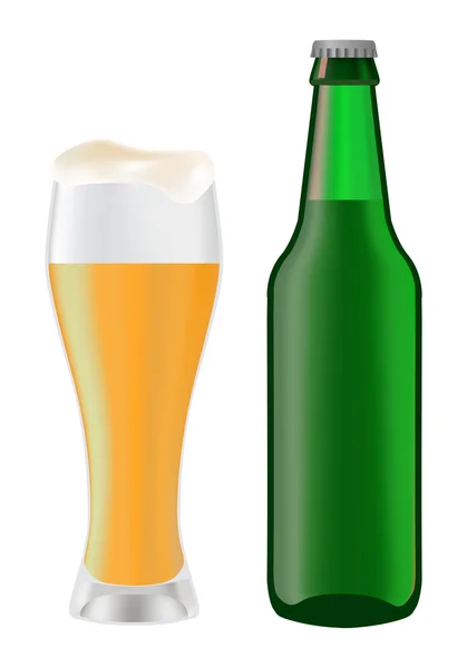 Beer in glass and green bottle of beer — Stock Vector