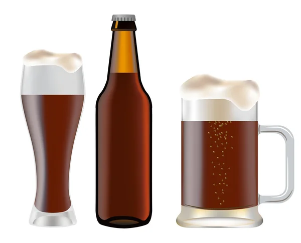 Beer in glass and mug dark bottle — Stock Vector