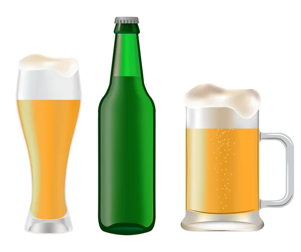 ग्लास और मुग ग्रीन बोतल में बीयर — स्टॉक वेक्टर