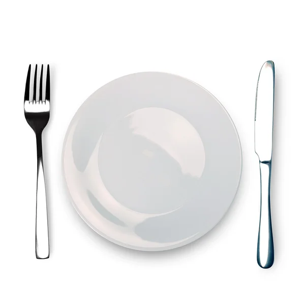 Cuchillo, plato blanco y tenedor —  Fotos de Stock