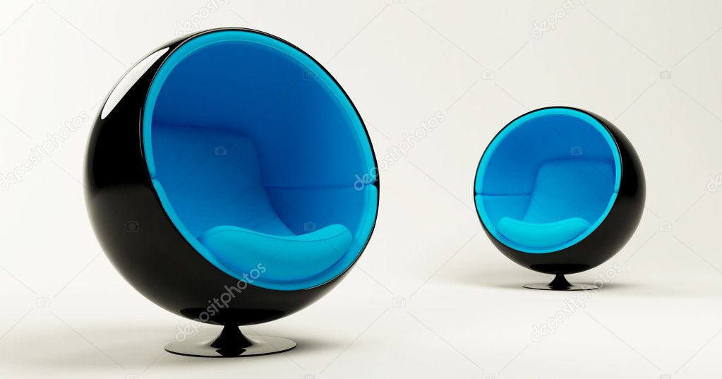Two modern blue cocoon ball chairs isolated on white background
