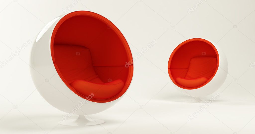 Two modern red cocoon ball chairs isolated on white background