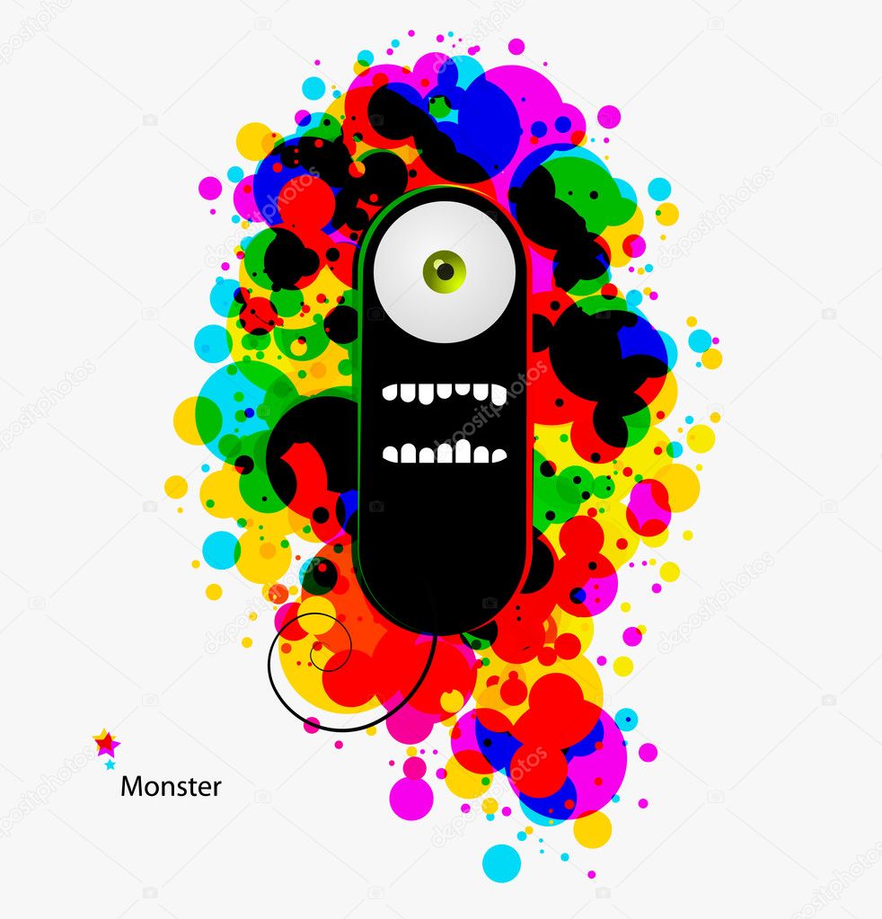 Black cartoon monster on abstract asid background