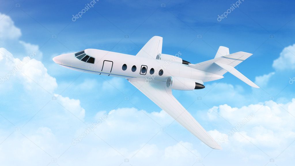 Small passenger plane in the blue sky with clouds