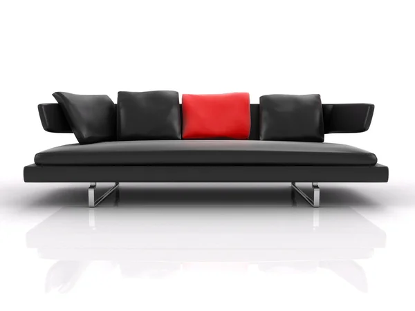 分離された赤い枕で 3 d の黒革のソファ — ストック写真
