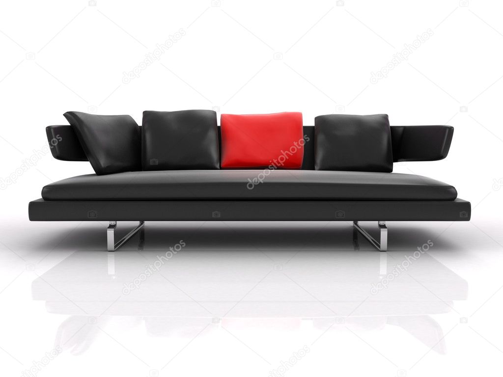 3d black leather couch with red pillow isolated