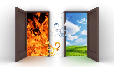 Opened doors into blue sky and fire clipart