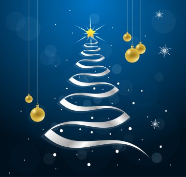 Gümüş şerit mavi zemin üzerine altın Noel topları ile Noel ağacı