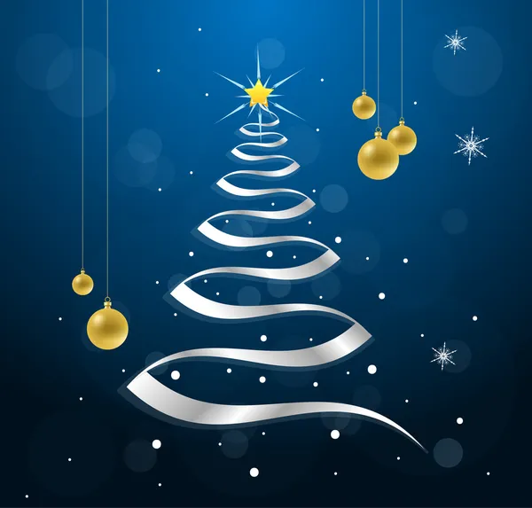 青い背景の金クリスマス ボール シルバー リボン クリスマス ツリー — ストックベクタ