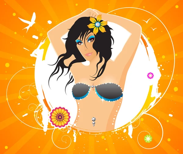 Letní večírek dívka s květinami na teplé slunečné pozadí — Stockový vektor