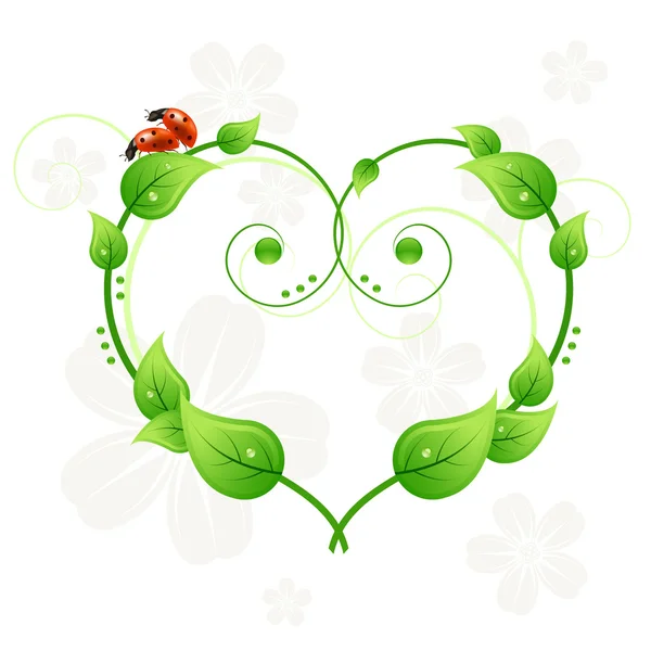 Ecología verde corazón abstracto fondo con hojas y mariquitas amor — Stok Vektör