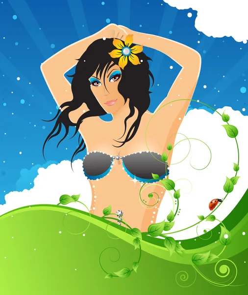 Cartaz de festa modelo de verão com menina glamour — Vetor de Stock