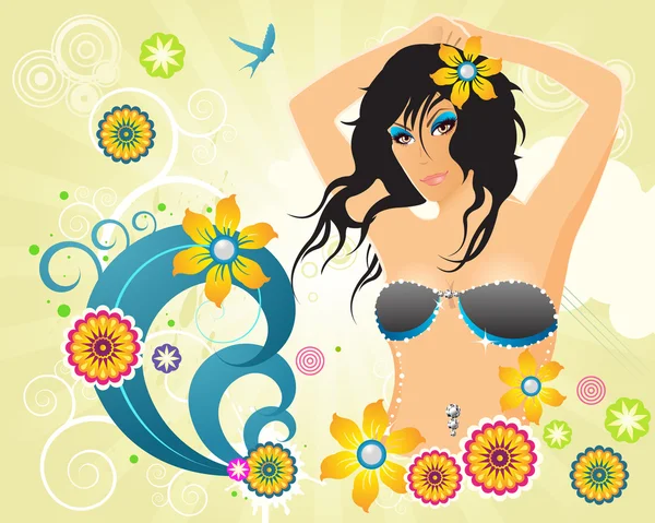 Verão retro ilustração de festa menina com padrões no fundo da flor — Vetor de Stock