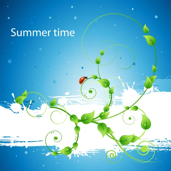 Fresh ecology summer poster background with leafs, patterns and ladybird — Stock Vector