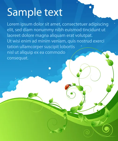 Écologie motif d'été poster fond avec feuilles, nuages et coccinelle — Image vectorielle